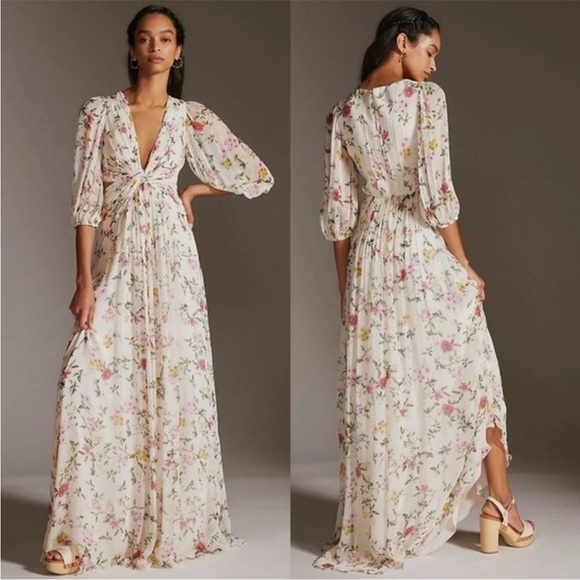 ML Monique Lhuillier Floral Print Pleated Chiffon Puff Sleeve Cutout Maxi Gown 2 - Picture 3 of 11
